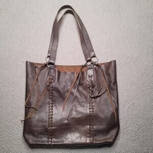 Raz Brown Leather Tote Shoulder Bag Large Suede Lined Braided Whipstitch Boho